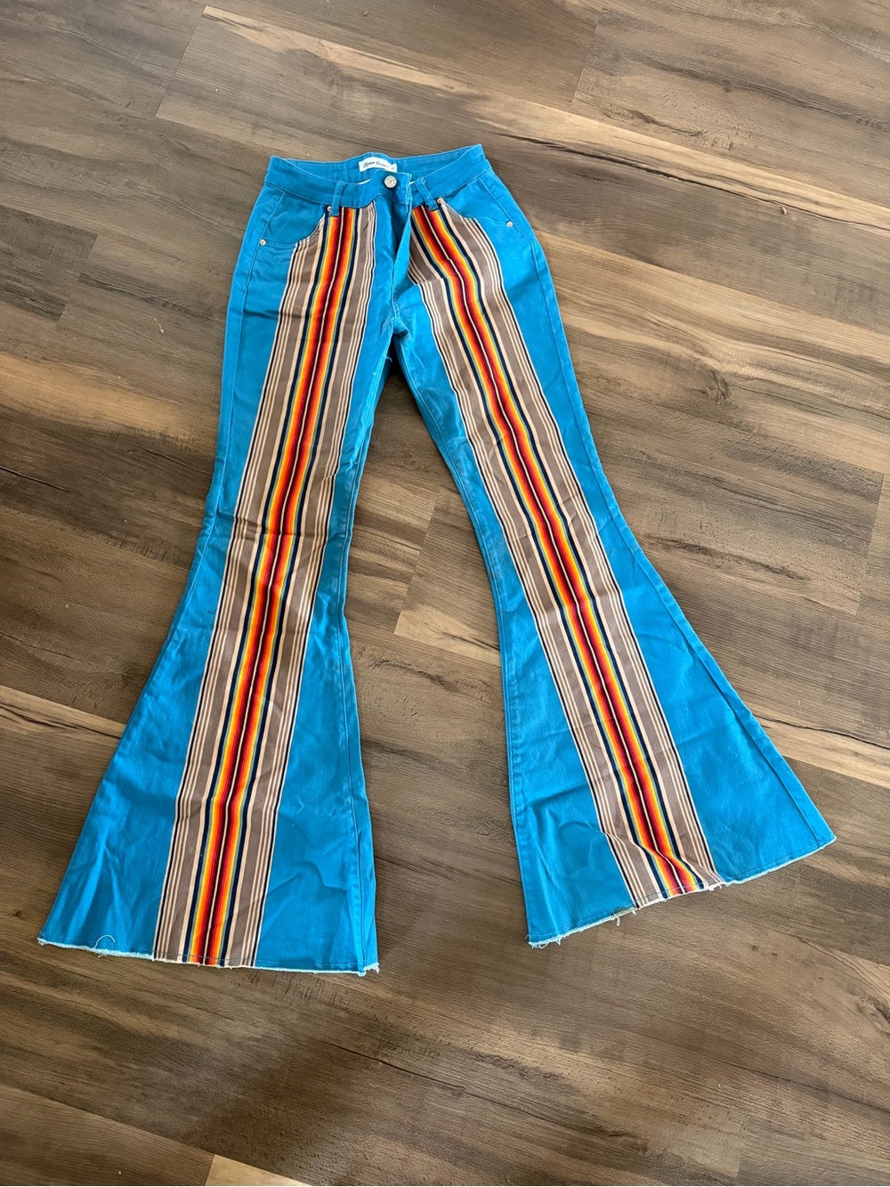 Teal Flare Jeans with Multicolor Stripe Inset - Women